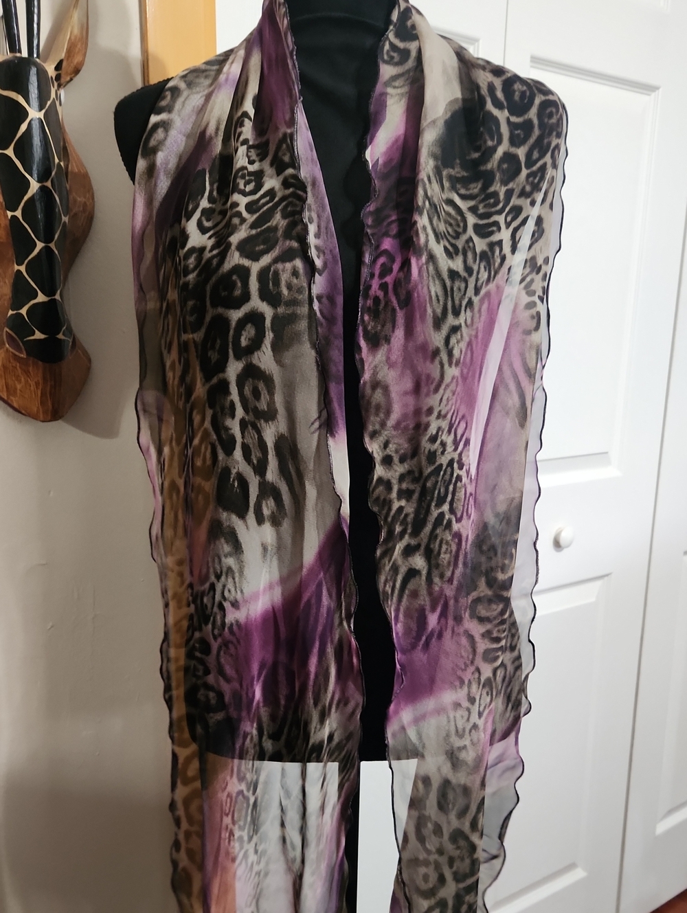 Sheer Leopard Print Wrap Scarf in Purple and Black